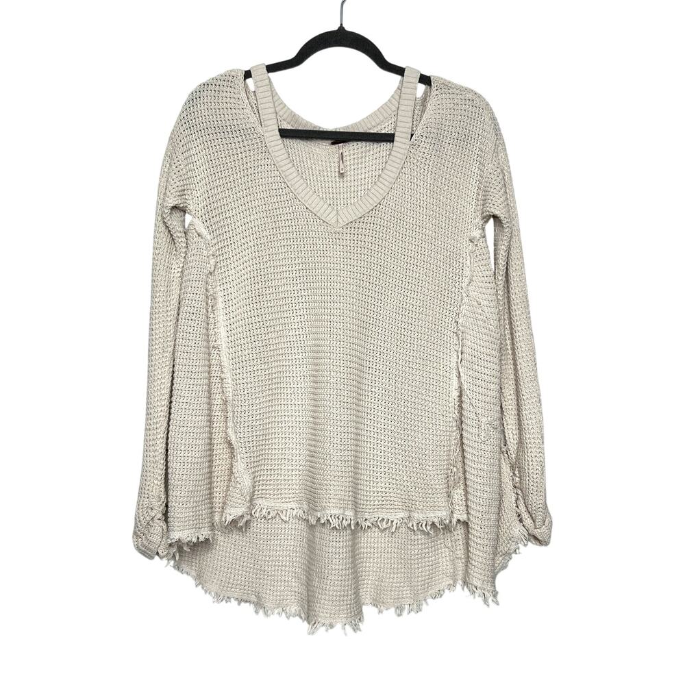 Free People Moonshine XS Cream Waffle Knit Tunic Sweater Raw Hem Oversized Top